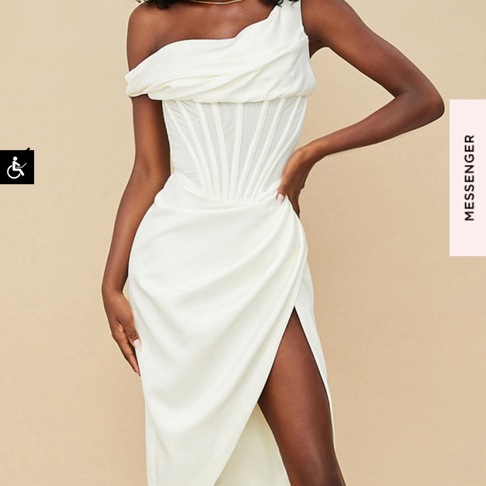 House of CB - Lulu - IVORY ASYMMETRIC DRAPE MIDI CORSET DRESS